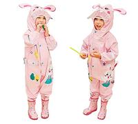 JinBei Imperméable à Capuche Fille Combinaison de Pluie Enfant Rose Manteau Veste Pantalon 3D Lapin Dessin Animé Cape Léger Rayure Réfléchissante Poncho Respirant Voyage Imperméables 4-6 Ans