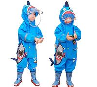 JinBei Imperméable à Capuche Garçon Combinaison de Pluie Enfant Bleu Manteau Veste Pantalon 3D Requin Dessin Animé Cape Léger Rayure Réfléchissante Poncho Respirant Voyage Imperméables 4-6 Ans