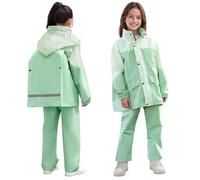 JinBei Imperméable Enfants Combinaison de Pluie Fille Léger Ensemble Pluie avec Bandes Réfléchissante Pantalon et Veste à Capuche Pliante Costume 2 Pièces pour Écoles Camping, 13-14 Ans