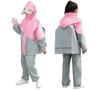 JinBei Imperméable Enfants Combinaison de Pluie Fille Léger Ensemble Pluie avec Bandes Réfléchissante Pantalon et Veste à Capuche Pliante Costume 2 Pièces pour Écoles Camping, 8-9 Ans