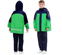 JinBei Imperméable Enfants Combinaison de Pluie Garçon Léger Ensemble Pluie avec Bandes Réfléchissante Pantalon et Veste à Capuche Pliante Costume 2 Pièces pour Écoles Camping, 13-14 Ans