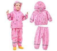 JinBei Imperméable Enfants Respirant Combinaison de Pluie Fille Léger Ensemble Pluie à Réfléchissant Pantalon et Veste à Capuche Pliante Costume 2 Pièces Animal Imprimé Rose 2-3 Ans