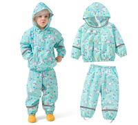 JinBei Imperméable Enfants Respirant Combinaison de Pluie Garçon Fille Léger Ensemble Pluie à Réfléchissant Pantalon et Veste à Capuche Pliante Costume 2 Pièces Animal Imprimé Vert 1-2 Ans
