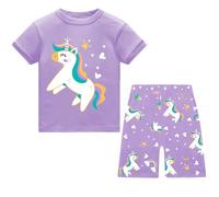 JinBei Pyjamas pour Filles, Ensemble Pyjama Court Enfant Été Coton Doux T Shirt Manche et Short 2 Pièces Violet Cheval Imprimés Mignons Pyjashort Loungwear Set Fille Vêtement 4-5 Ans