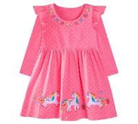 JinBei Robe Filles Manches Longues Coton Princesse Appliquée Imprimée Motif Douce Licorne Enfants Robes Fucsia Soirée Ete Mariage Anniversaire Vêtements 5-6 Ans