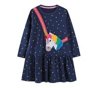 JinBei Robe Filles Manches Longues Coton Princesse Appliquée Imprimée Motif Licorne et Étoiles Enfants Robes Bleu Marine Soirée Automne Mariage Anniversaire Vêtements 5-6 Ans