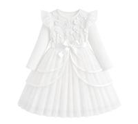 JinBei Robes Filles Manches Longues Volants Princesse Tulle Robe, 3-10 Ans | Col Rond, Haut à Côtes Enfants, 3D Fleur, Paillettes, Jupe en Tulle Superposé, pour Mariage, Anniversaire, Fête, Cérémonie