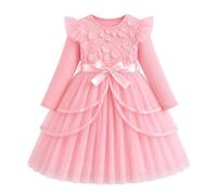 JinBei Robes Filles Manches Longues Volants Princesse Tulle Robe, 3-10 Ans | Col Rond, Haut à Côtes Enfants, 3D Fleur, Paillettes, Jupe en Tulle Superposé, pour Mariage, Anniversaire, Fête, Cérémonie