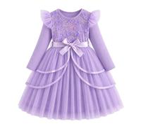 JinBei Robes Filles Manches Longues Volants Princesse Tulle Robe, 3-10 Ans | Col Rond, Haut à Côtes Enfants, 3D Fleur, Paillettes, Jupe en Tulle Superposé, pour Mariage, Anniversaire, Fête, Cérémonie