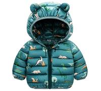 JinBei Veste Hiver pour Enfants Garçon, Blousons à Capuche Dinosaure Doudoune Léger Manteau, Oreilles 3D Manche Longues Rembourrée Fermeture éclair Vert Veste D'hiver âge 3-4 Ans