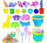 JINCHIDA Lot de 24 jouets de plage avec 2 seaux pliables, 4 kits d'outils de pelle, 14 jouets de plage et de piscine sur le thème de l'océan, outils amusants pour garçons et filles