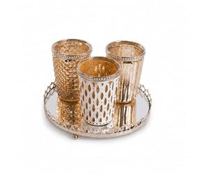 Jinfa Ensemble de 3 bougeoirs en Verre + 1 Plateau Miroir photophore Deco Maison Centre de Table | Or Antique