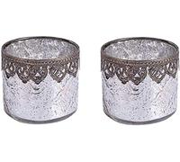 Jinfa Lot de 2 Bougeoirs Porte Bougies Chauffe Plat Decoration Verre Photophore | Modèle cylindrique | Argent Précieux | Ø 10cm, h 9cm