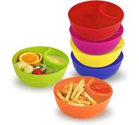 JINGIHE Lot de 6 bols à frites et à sauces, plateaux à goûter avec 2 compartiments, bols en plastique pour frites, apéritifs, noix, desserts, légumes, bonbons, salade (6 couleurs)