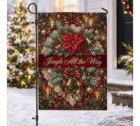 Jingle All The Way Drapeau de jardin Poinsettia de Noël 30,5 x 45,7 cm | Jingle Bells, drapeau de pelouse, rubans rouges, branches de pin, fleurs d'hiver, décoration de porche de vacances