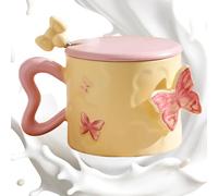 JINGLING Butterfly Cups | Mug Céramique 35cl Élégant,Vaisselle Décorative à Motifs Papillons avec Couvercle et,Idée Cadeau Anniversaire Amies Mère Cuisine