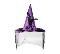 JINGLING Chapeaux de sorcière pour femme, chapeau de sorcière pour adulte, costume de magicien d'Halloween | Chapeau de sorcier avec demi-voile, chapeau plume à large bord, chapeaux de fête