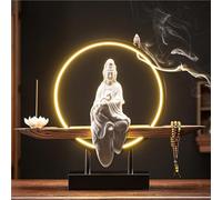 JingNian Bouddha Kwan Yin en Céramique avec Lampe LED Cercle Brûleur D’encens Lotus Décor Zen pour Maison Méditation Yoga Bureau Et Relaxation(D)