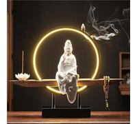JingNian Bouddha Kwan Yin en Céramique avec Lampe LED Cercle Brûleur D’encens Lotus Décor Zen pour Maison Méditation Yoga Bureau Et Relaxation(F)