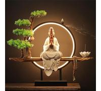 JingNian Statue de Bouddha Kwan Yin en Céramique avec Anneau LED, Brûleur d’Encens d’Intérieur et Figurine de Bonsaï, Décoration de Méditation pour Salon et Bureau(06)