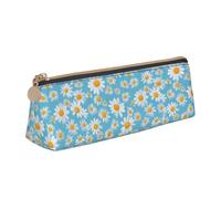 jingong Étui en cuir avec motif marguerite blanche sur fond bleu clair triangulaire avec intérieur spacieux, fermeture éclair pour outils d'écriture, bureau, blanc, Taille unique, Trousse de