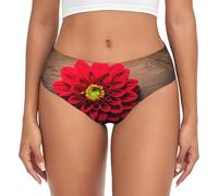 jingong Planche en bois Rétro Fleur Rouge Dahlia Imprimé Triangle Sous-vêtements Femme Short Basique Confortable Doux Élastique Sous-vêtements, Noir , L