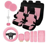 JINGSEN Ensemble complet de housses de siège de voiture 17 pour femme, housses de siège de voiture universelles en peluche, en laine douce et moelleuse, accessoires de suspension pour VUS (motif rose)