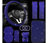 JINGSEN Ensemble d'accessoires de Voiture Bling-Bling de 11 pièces pour Femme, Housse de Volant Bling pour Femme - Ajustement Universel de 38,1 cm, Housse de Console Centrale en Strass (Bleu)