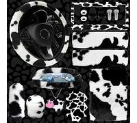 JINGSEN Ensemble de 11 Accessoires de Voiture Duveteux en Peluche à imprimé Vache pour Femme, Housse de Volant en Polaire Douce, Housse de Frein à Main, Chaude, antidérapante (Noir)