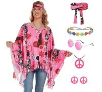 JINGTOPS Costume Hippie des Années 70 pour Femme Costume de Carnaval avec Bandeau de Fleurs Tie-dye Poncho Deguisement Disco pour Carnaval Halloween, Taille Unique pour Adultes (rose)