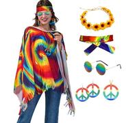 JINGTOPS Costume Hippie des Années 70 pour Femme Costume de Carnaval avec Bandeau de Fleurs Tie-dye Poncho Deguisement Disco pour Carnaval Halloween, Taille Unique pour Adultes (couleur)