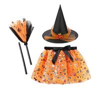 JINGTOPS Deguisement Halloween Enfant Sorciere,Tutu Sorcière Citrouille Costume Chauve Souris avec Chapeau et Balai Sorciere, Robe Sorcière Jeu Fille 3-8ans,pour Halloween Cosplay Fête Carnaval