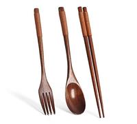 JINGYAN Baguettes Spoon, fork and chopsticks portable 3-piece wooden cutlery set kitchen utensils natural environment-friendly cutlery(Bruin)