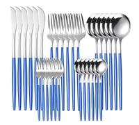 JINGYAN Cuillères Gold Dinnerware Set Stainless Steel Steak Knife Fork Coffee Spoon Teaspoon Flatware Dishwasher Safe Kitchen Tableware Set(Blue Silver)