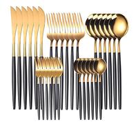 JINGYAN Cuillères Gold Dinnerware Set Stainless Steel Steak Knife Fork Coffee Spoon Teaspoon Flatware Dishwasher Safe Kitchen Tableware Set(Black Gold)