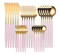JINGYAN Cuillères Gold Dinnerware Set Stainless Steel Steak Knife Fork Coffee Spoon Teaspoon Flatware Dishwasher Safe Kitchen Tableware Set(Pink Gold)