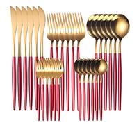JINGYAN Cuillères Gold Dinnerware Set Stainless Steel Steak Knife Fork Coffee Spoon Teaspoon Flatware Dishwasher Safe Kitchen Tableware Set(Red Gold)