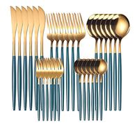 JINGYAN Cuillères Gold Dinnerware Set Stainless Steel Steak Knife Fork Coffee Spoon Teaspoon Flatware Dishwasher Safe Kitchen Tableware Set(Green Gold)