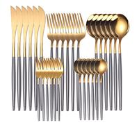 JINGYAN Cuillères Gold Dinnerware Set Stainless Steel Steak Knife Fork Coffee Spoon Teaspoon Flatware Dishwasher Safe Kitchen Tableware Set(Grey Gold)