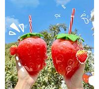 JINGYAN Gobelets Strawberry Glass Water Cup With Lid Cartoon Food Grade PP Wide Application Milk Juice Cups Breakfast Home Office Bottle(B)