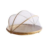 JINGYAN Paniers de Pique-Nique Handmade Woven Fruit Vegetable Basket Mosquito Bug Proof Net Round Dustproof Wicker Picnic Tray Food Bread Gauze Cover(L)