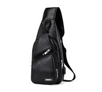 JINGYAN Sacs bandoulière homme Hommes USB poitrine sac concepteur hommes messager bandoulière paquet PU cuir sacs à bandoulière paquet voyage poitrine sac(A-black)