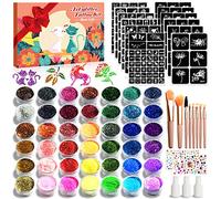 jingyuanli Lot de tatouages à paillettes pour enfants - 42 couleurs de tatouages temporaires à paillettes pour filles, 228 pochoirs, 8 pinceaux, 233 strass, 3 colles, kit de maquillage à paillettes