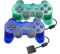 JINHOABF Lot de 2 manettes filaires PS2, double choc, compatible avec console Playstation 2 (bleu transparent et vert transparent)