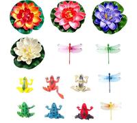 JINJUMEI 14 Pièces Nénuphar Flottant Fleurs Artificielles, Fleur de Nénuphar de Lotus avec Libellule Grenouille Artificielle Nenuphar Flottant Lotus pour Jardin, Aquarium, Etang de Jardin Décor