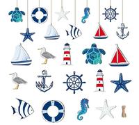 JINJUMEI Lot de 24 Pendentifs Maritimes, Décoration à Suspendre Maritime pour Méditerranée, Décoration Nautique, kit de Décoration Maritime, Étoile de Mer, Bateau, Ancre, Phare, Poisson