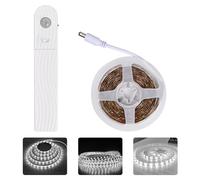 Jinlaili Ruban Led avec Détecteur de Mouvement, 2M Bandeau LED Autocollant, Lumiere Led, 120LED Dimmable Bande Led à Piles, Bande Lumineuse pour Cuisine Placard Murale Armoire Escaliers (Blanc froid)