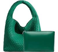 JINMANXUE Sac à main fourre-tout en cuir synthétique tissé à la main avec poignée sur le dessus et pochette, tendance, se porte à l’épaule, s’assortit avec tout, vert, Large