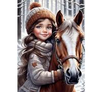 Jinmer Hiver Diamond Painting Kit Complet,Fille Cheval 5D DIY Kit de Peinture Diamant pour Adultes,Strass Point de Croix de Broderie Diamant Painting Craft pour Home Murale Décor Square Drill,60x80cm