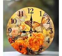 Jinmer Horloge Murale de 20 cm,Motif Papillon Pivoine Orange,Horloge Murale Moderne Bois Silencieuse sans Tic-Tac pour Cuisine, Chambre, Salon, Salle à Manger